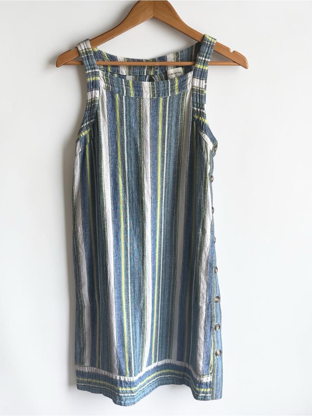 For Cynthia Womens Linen Blend Striped Shift Dress Blue Tan Size M Side Button